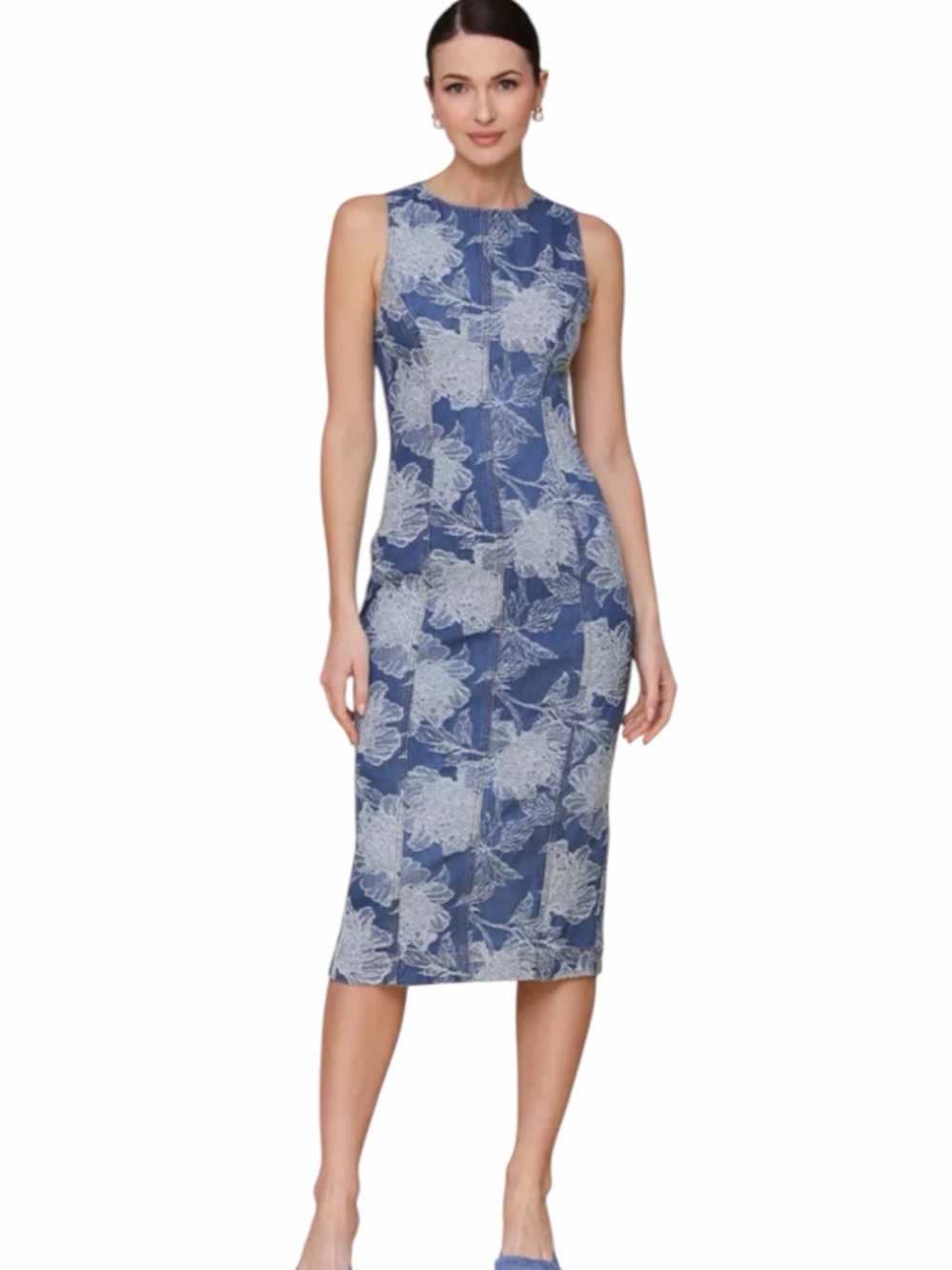 Avec les Filles embroidered denim‎ floral midi dress blue NWT size  8